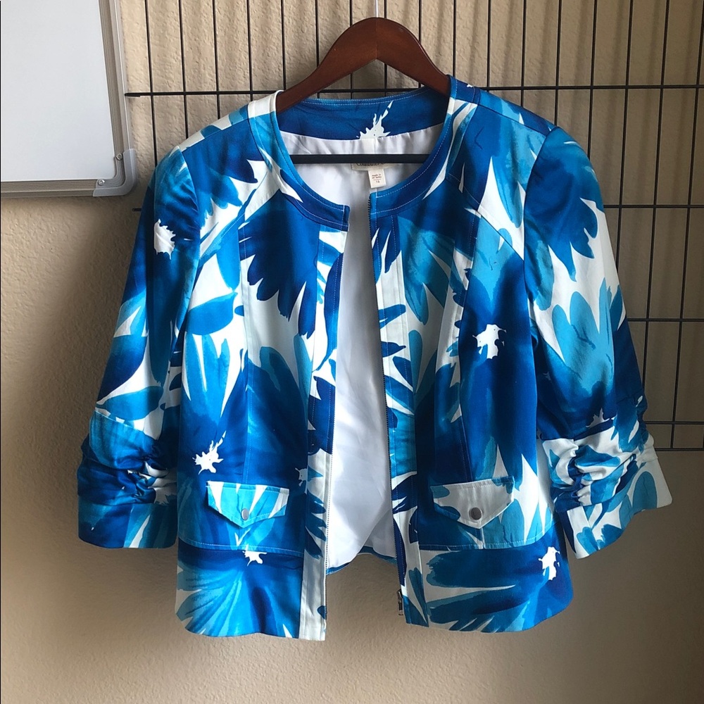 Coldwater Creek Blue and White Leaf Print Blazer